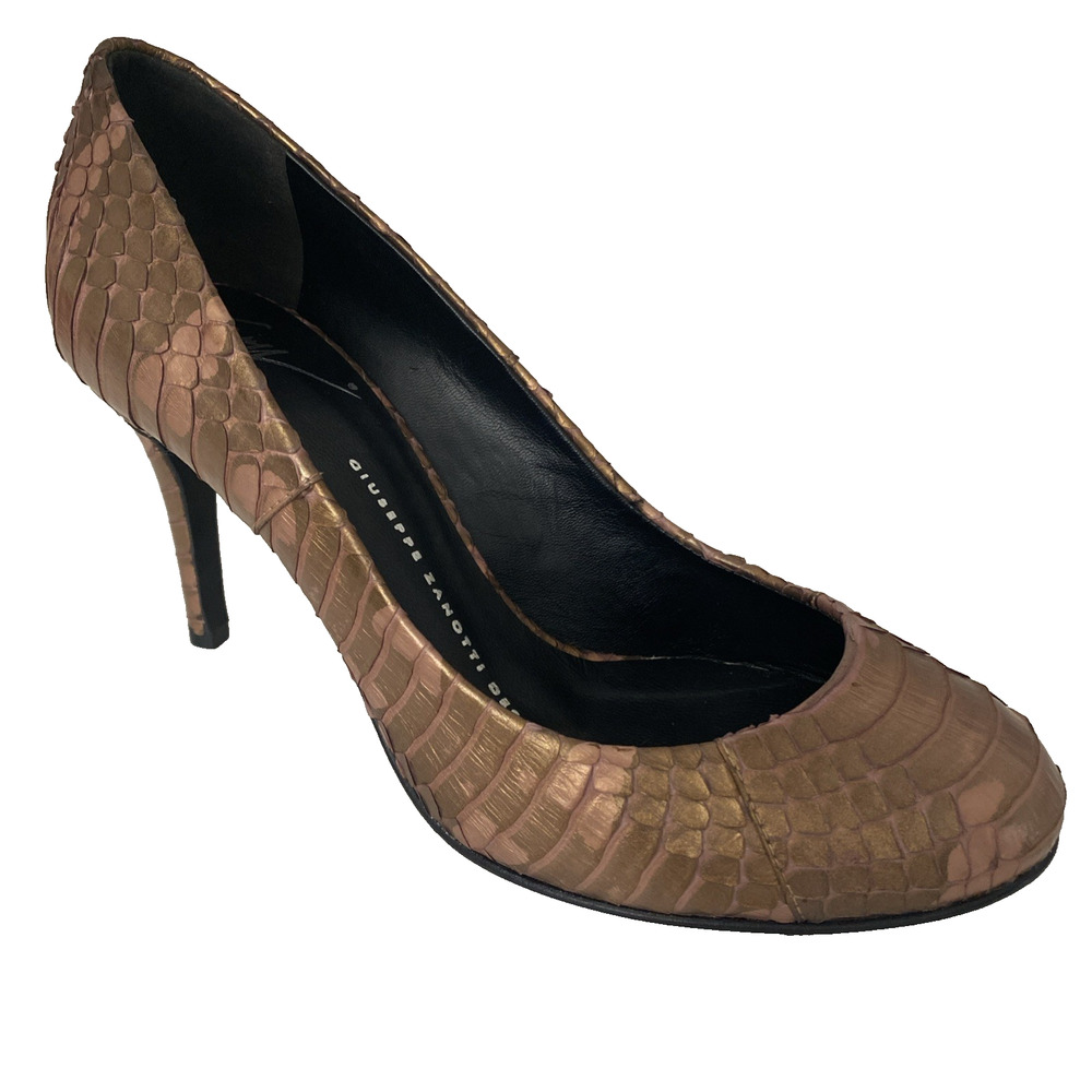 Giuseppe Zanotti Embossed Snakeskin Pump Python Bronze Round Toe Slim Heel 35.5
